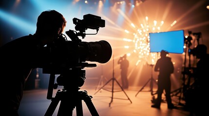 Silhouette of a filmmaker capturing magic on set with vibrant lighting effects.