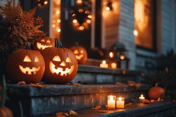 Fototapeta premium Carved pumpkins and candles on house stairs, creating a festive Halloween atmosphere, AI generated illustration