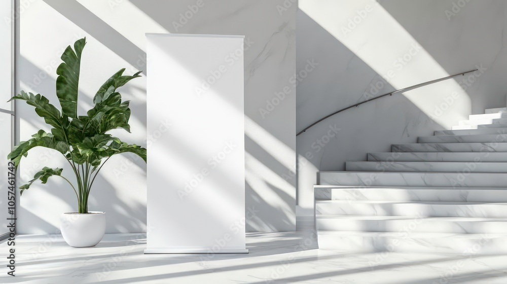 Poster This white roll-up banner template stands in the lobby next to the stairs. Blank advertisement mockup in a business setting with white highlights. Commercial pull-up display isolated with white
