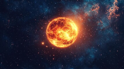 Vibrant orange fireball surrounded by luminous stars in the vastness of space, creating a stunning visual effect. Ideal for cosmic themes with ample copy space.