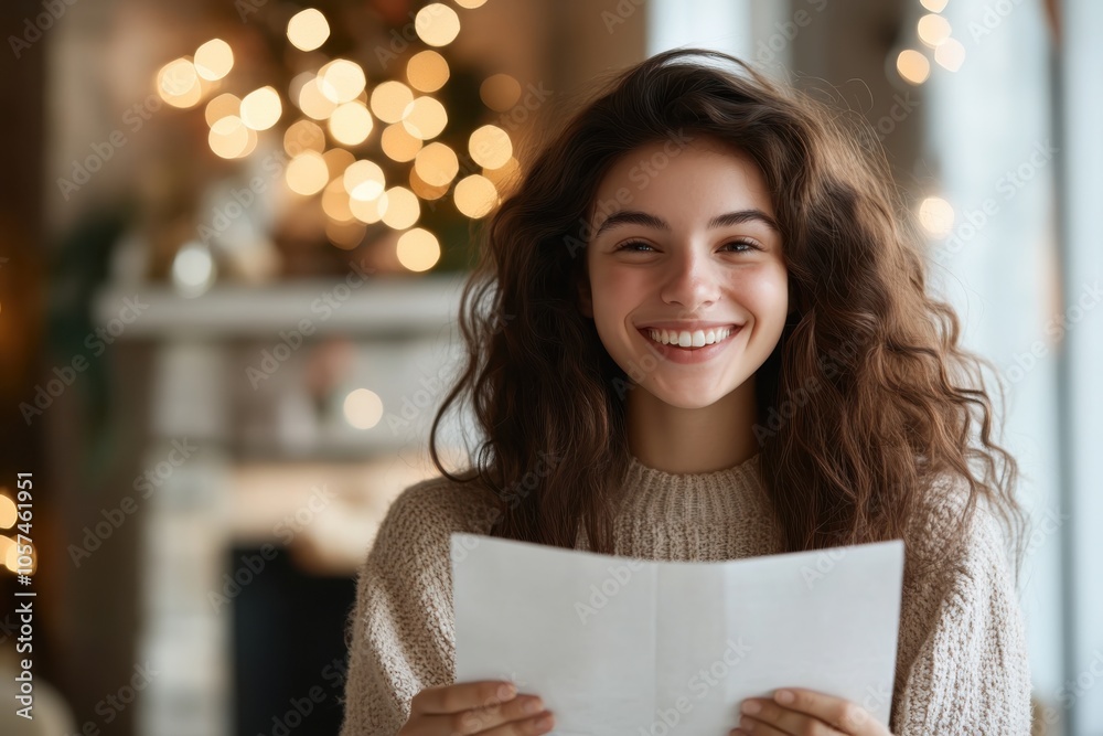 Wall mural a young woman joyfully reads paper in front of a festive backdrop of bokeh lights warmly illuminatin