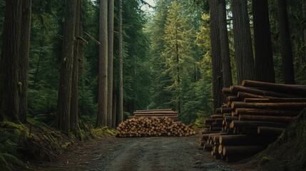 Photograph of a forest with neatly arranged logs surrounded by tall trees.