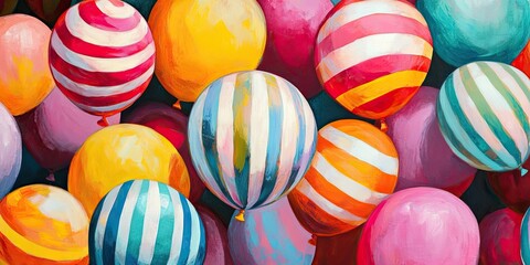 Obraz premium A detailed view of birthday balloons featuring colorful stripes. These striped balloons are perfect for celebrating a birthday occasion.