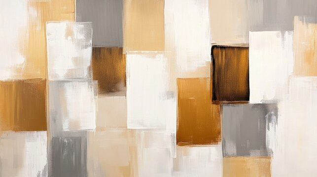Geometric Stripes Artwork with Beige, Gray, and Gold Paint Strokes in a Contemporary Style.