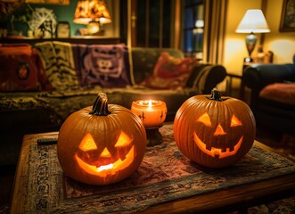 Obraz premium Cozy Halloween atmosphere with pumpkins and candles in a warm living room, AI generated illustration