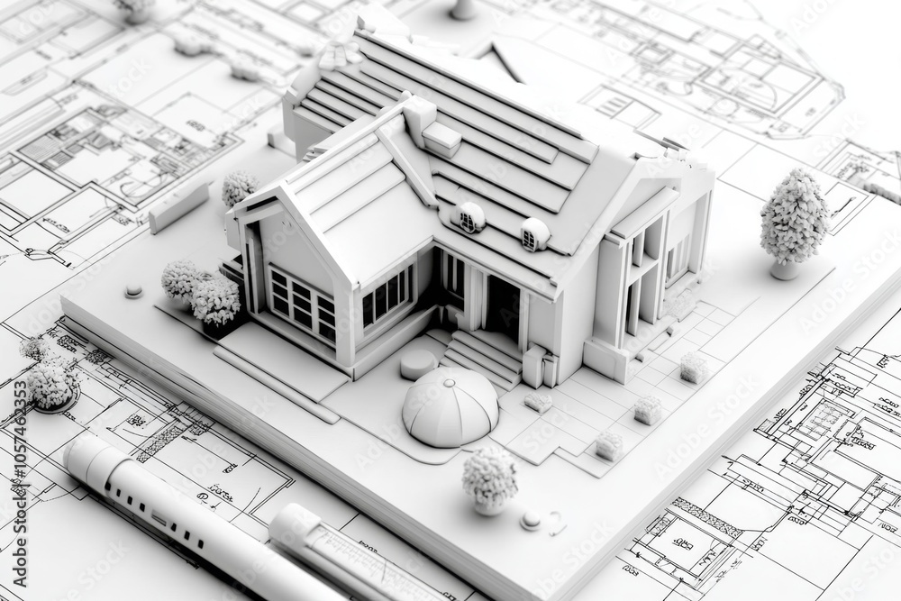 Poster minimalist blueprint of a single-story modern home with clean lines, open spaces, and minimal struct