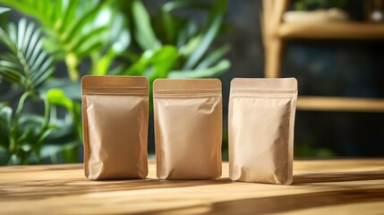 Three brown paper pouches of dietary supplements with green plant in the background on a wooden table.