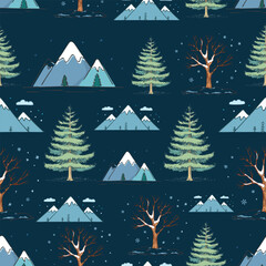 Fototapeta premium winter nature seamless pattern of mountains and trees