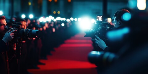An energetic scene at a press event with photographers capturing moments on the red carpet.
