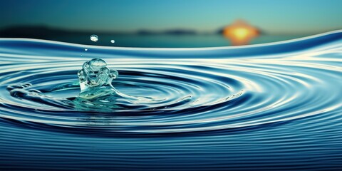 A single water droplet creates ripples on a calm blue surface, capturing the delicate balance between movement and stillness.