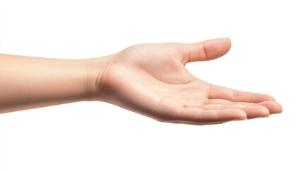 Hand gesture of giving or greeting on a white background isolated for clear visibility