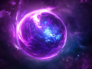 A vibrant, purple and blue orb glows in the darkness of space, surrounded by swirling nebulae.