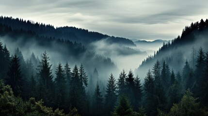 Obraz premium A misty, shadowy forest, shrouded in fog, with layers of evergreen trees cascading down a mountainside, creating a sense of mystery and tranquility.