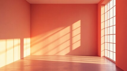 Peach colored empty room illuminated by natural light from a window Modern interior with an orange wall ideal for display Wall features ample copy space