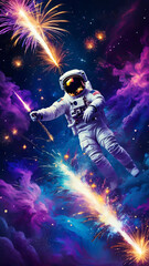 Obraz premium Cosmic Astronaut Fireworks in Surreal Abstract Scene