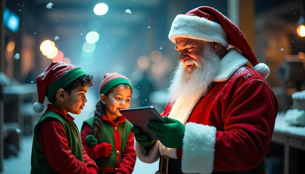 Santa claus using modern technology in his workshop to connect with young elves