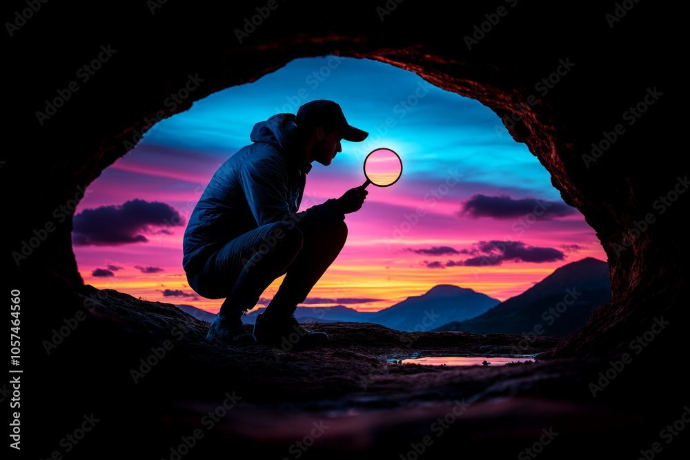 Poster minimalist silhouette of a detective holding a magnifying glass, capturing the classic image of inve