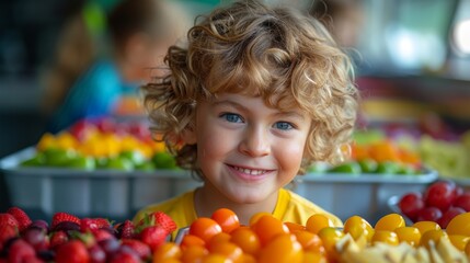 Fototapeta premium Healthy Lifestyle . Rainbow Method balanced eating. A scene of a child enjoying a rainbow bento box at school, representing the importance of teaching kids about healthy eating habits.