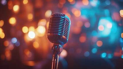 Retro microphone on stage surrounded by vibrant bokeh lights capturing the essence of a concert...