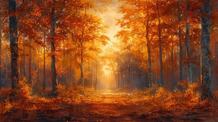Fototapeta premium Autumn or fall season. A panoramic view of an autumn forest with golden leaves and sunlight filtering through the trees, creating a warm and inviting atmosphere.