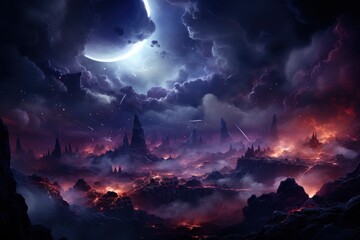 Naklejka premium A dramatic, otherworldly landscape under a moonlit sky with fiery terrain and dark clouds.