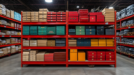 Organized Warehouse Inventory: Rows of meticulously organized boxes on red shelves in a warehouse setting.  A visual representation of efficient stock management and logistics. 