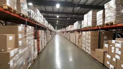 Warehouse Inventory: Rows of stacked cardboard boxes fill a large warehouse aisle, showcasing efficient logistics and storage.  