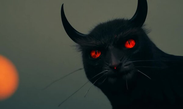 A black cat monster with horns and red eyes