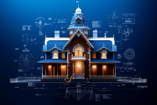 Retro blueprint of a classical railway station with architectural details and old-fashioned fonts, capturing the vintage elegance of early civil engineering, symbolizing heritage and history