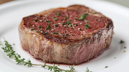 Succulent beef steak presented on a white plate adorned with herbs highlighting its tender pink center