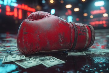 Close-up of a red boxing glove on crumpled dollar bills, with reflections of neon lights around it