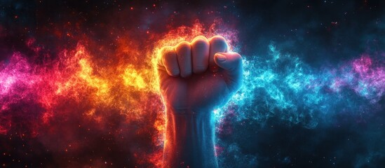 A glowing fist emerges from vibrant cosmic colors, symbolizing strength and unity.