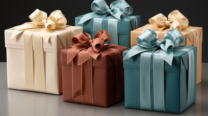 A row of beautifully wrapped gifts with satin ribbon bows and contrasting colors, a perfect gift for any occasion.