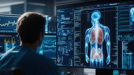 medical professional analyzes detailed anatomical display on computer screen, showcasing human body with highlighted organs and systems. environment is high tech and clinical, emphasizing advanced