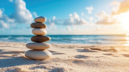 stacked sea pebbles forming a pyramid on a sunny sandy beach