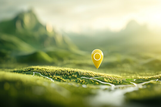 GPS location pin on screen, regional landmarks, navigation interface, 3D illustration