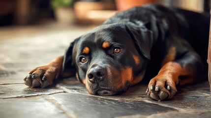 Obraz premium Young Rottweiler dog lounging on a stone floor indoors appearing bored and weary