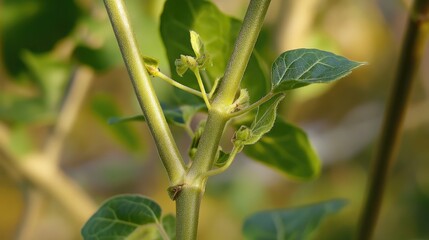 Close up of the stem and leaves of an invasive plant species showcasing its distinct features and growth characteristics