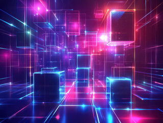 Fototapeta premium Abstract neon cubes and glowing lines create a digital and futuristic setting.