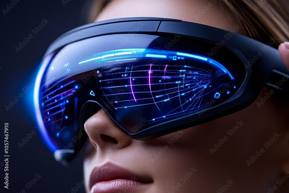 Poster smart protective eyewear with augmented reality display, showing safety alerts in real-time for an i
