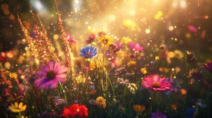 Colorful wildflowers thrive in a bright meadow illuminated by dazzling light effects
