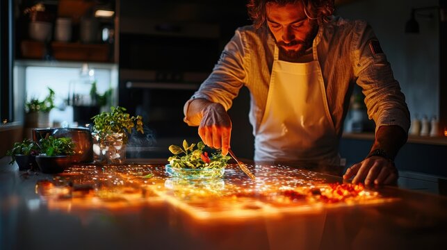 A digital chef at home, using a holographic cookbook that guides each step with virtual demonstrations, from chopping to plating. The high-tech cooking experience brings gourmet skills into 