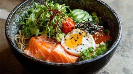 Ramen bowl featuring fresh salmon and a soft cooked egg
