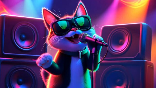 A cool cat with sunglasses singing on stage with a microphone.