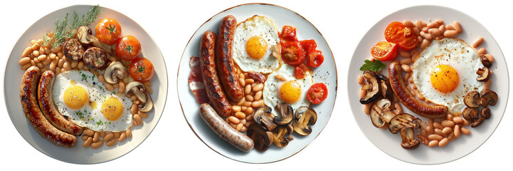 Delicious breakfast plates featuring eggs, sausages, and beans