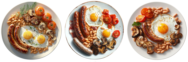 Delicious breakfast plates featuring eggs, sausages, and beans