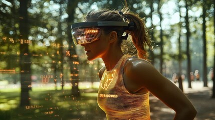A fitness trainer using augmented reality glasses to lead a workout session in a public park, with virtual health metrics displayed in real-time for each participant. The blend of outdoor fitness 