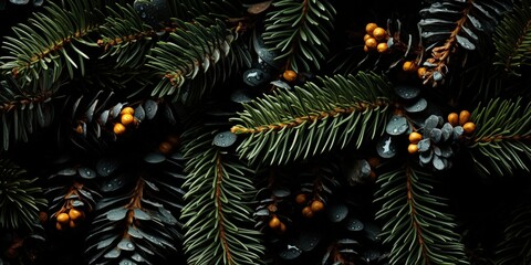 A close-up view of pine branches with dew drops and small yellow berries, arranged in a natural composition against a dark background.