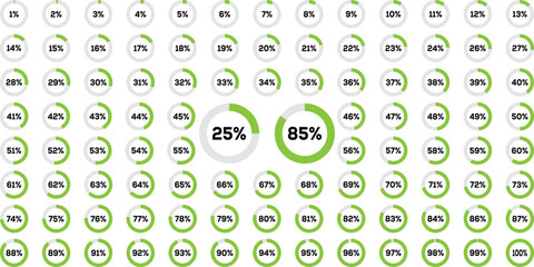 Circle percentage diagrams from 0 to 100. Ring percentage diagram. Progress bar Vector illustration. Circle progress bar set with percentage text from 0 to 100 percent for infographics. 
