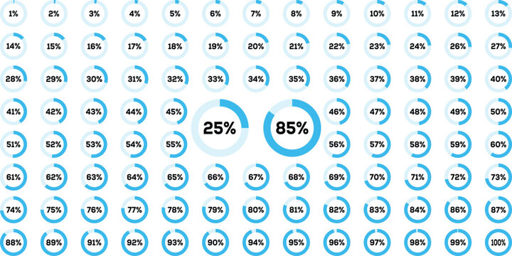 Circle percentage diagrams from 0 to 100. Circle progress bar set with percentage text from 0 to 100 percent for infographics. Ring percentage diagram. Progress bar Vector illustration